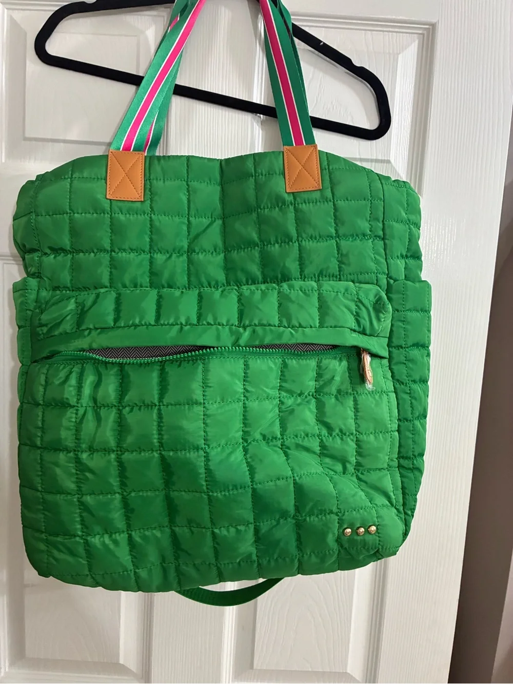 Quilted Green Tote with Striped Shoulder Handles